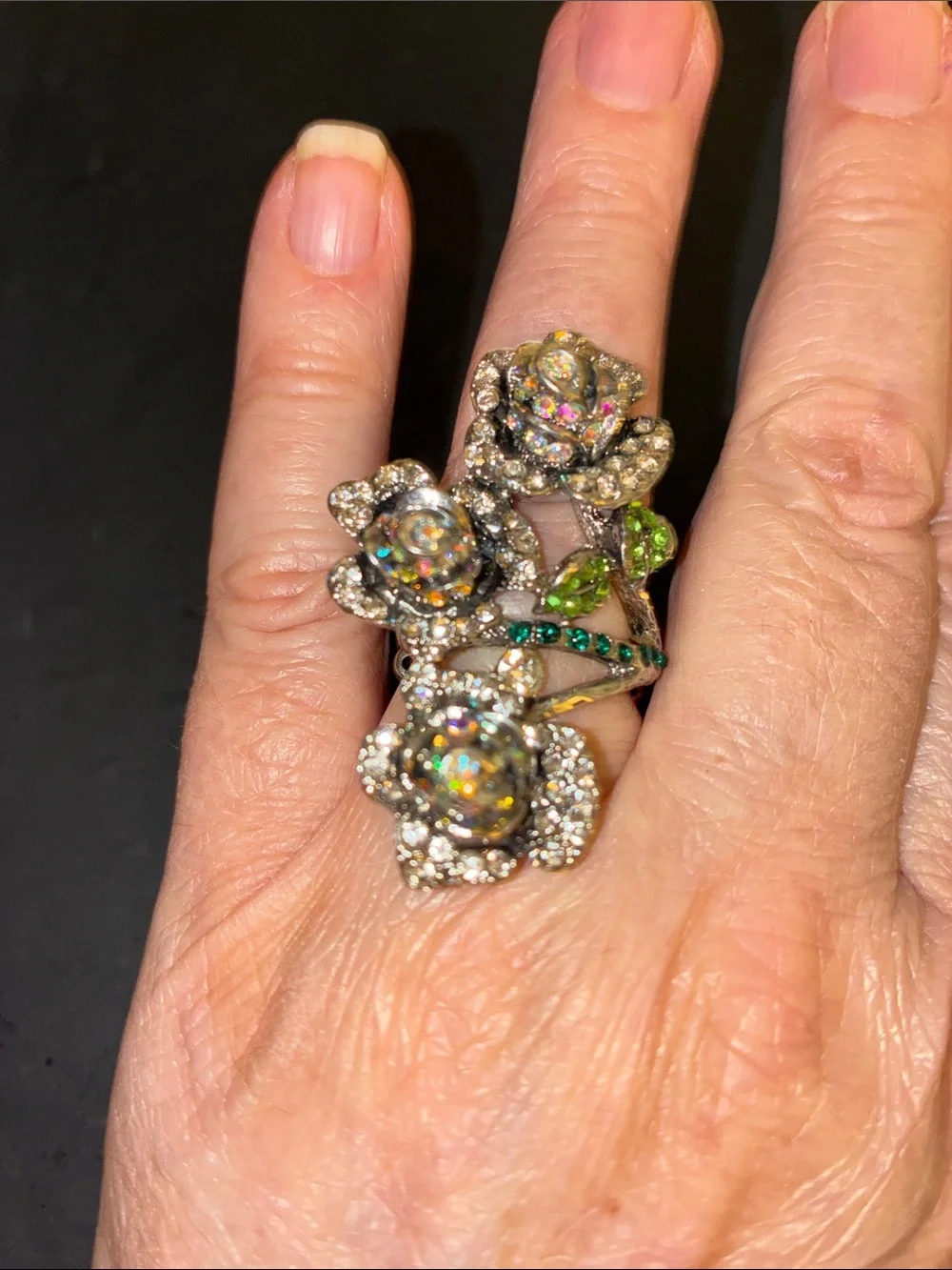 Featuring Three Crystal Rose Blooms Cocktail Stretch Ring with Green Accents